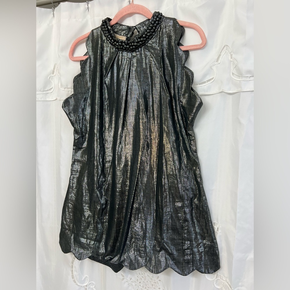 Rungolee Metallic Tunic Top Textured Collar Waist Tie Silver Scalloped Size M - Picture 3 of 9